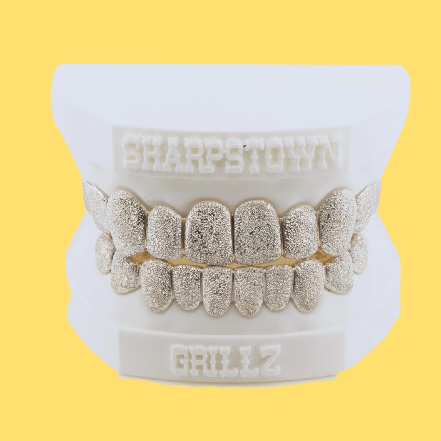 Fully textured diamond dust custom grillz set available in Silver 925 and 10K Gold