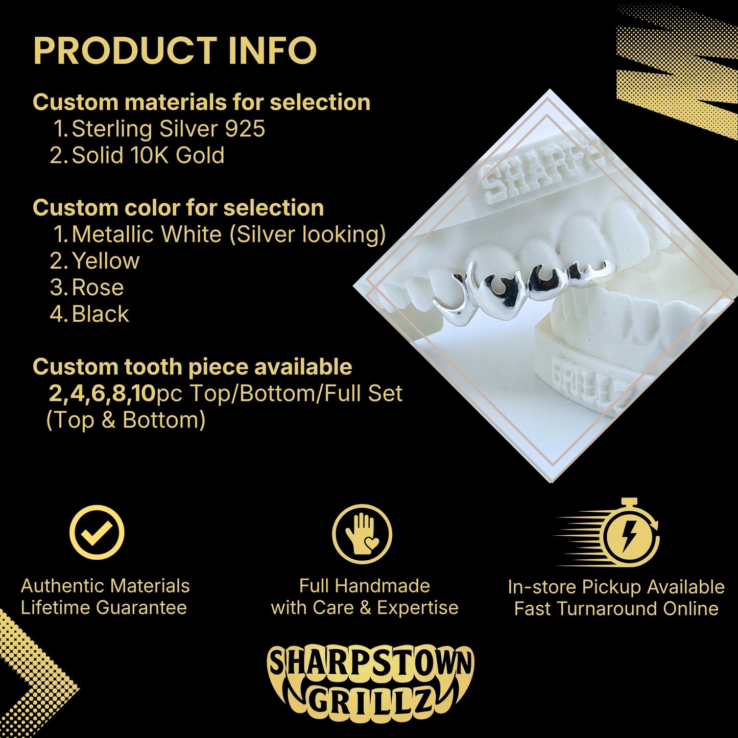 Custom 10K Gold or Silver 925 flame design grillz featuring high-gloss reflective polish.
