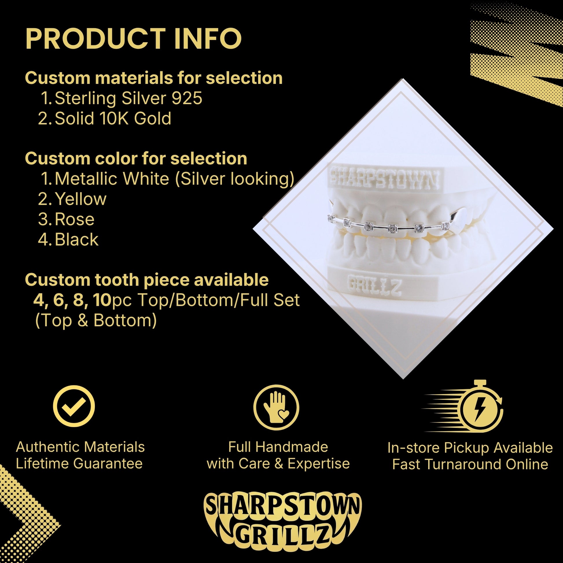 Custom-made stone braces bar grill available in premium Silver 925 and 10K Gold options.