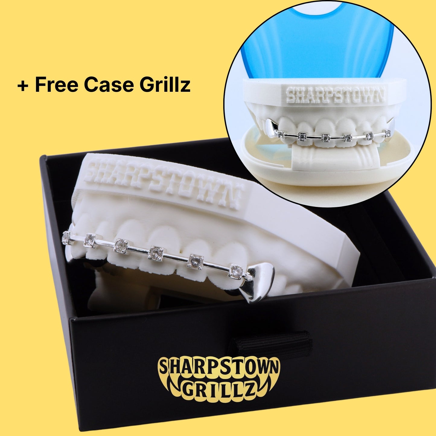 Silver braces bar style grillz with iced stone accents fitted on upper jaw teeth impression.