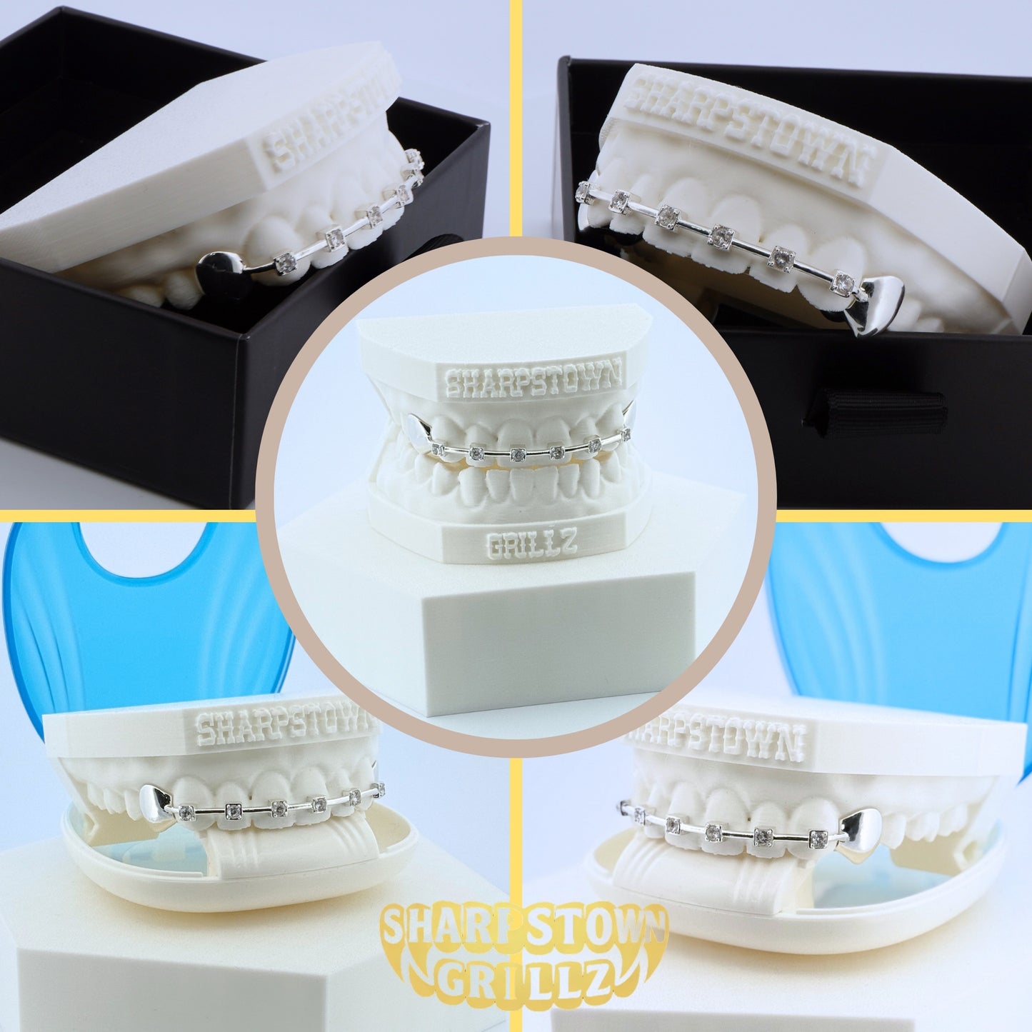Custom Silver 925 braces bar grill with round clear stones on a white Sharptown Grillz dental cast.