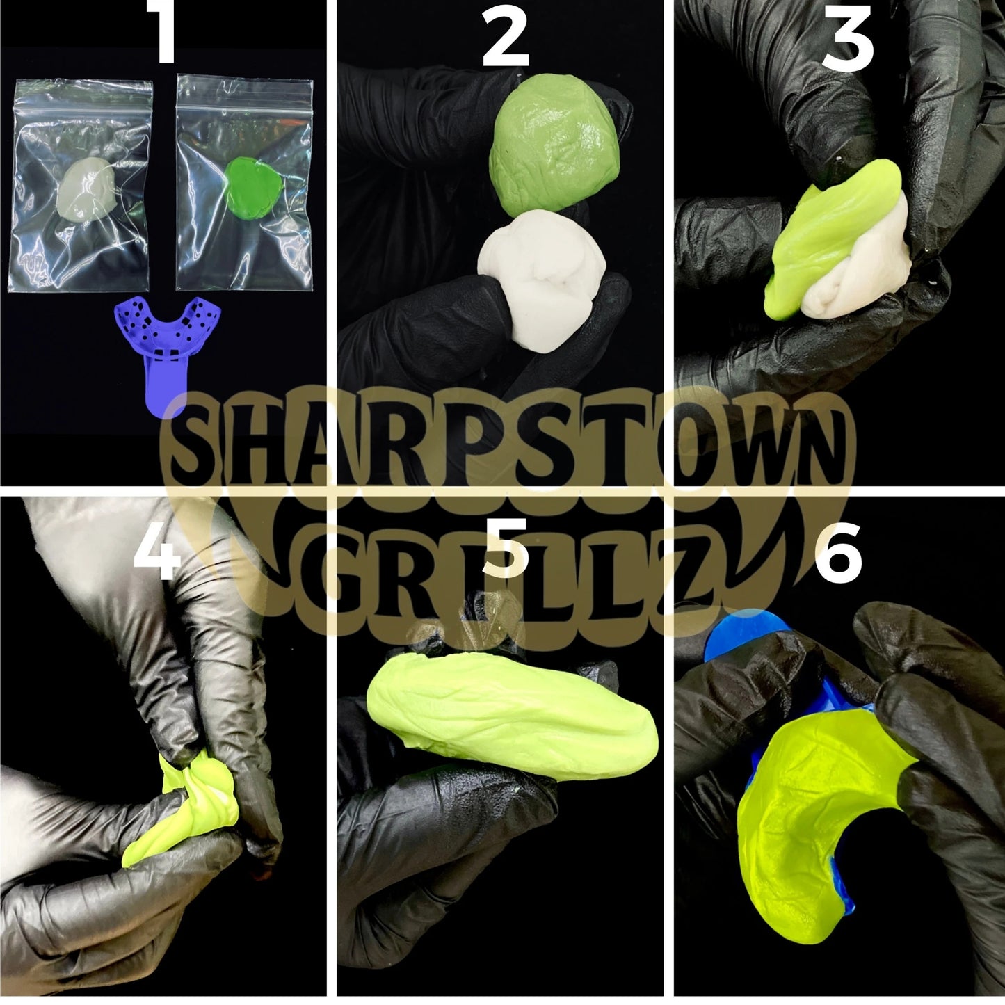 Six-panel numbered demonstration showing a silicone ear plug or earbud case being handled by gloved hands. The product appears in multiple colors including green, white, neon yellow, and blue, with a purple insert shown in panel 1.