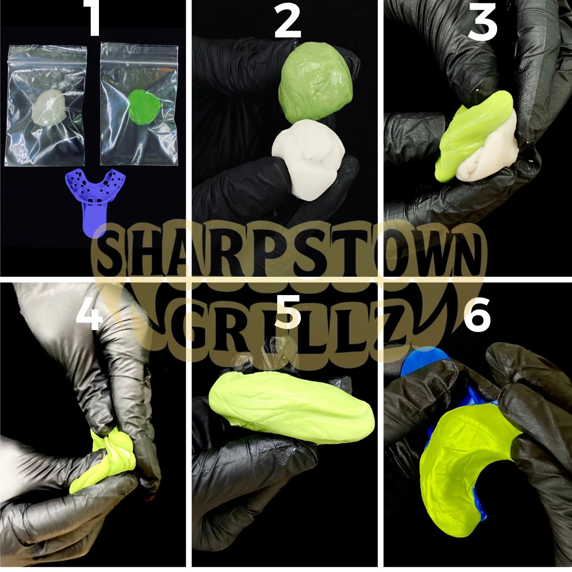 Six-panel numbered demonstration showing a silicone ear plug or earbud case being handled by gloved hands. The product appears in multiple colors including green, white, neon yellow, and blue, with a purple insert shown in panel 1.