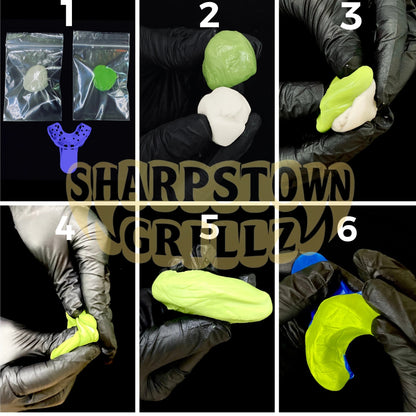 Six-panel numbered demonstration showing a silicone ear plug or earbud case being handled by gloved hands. The product appears in multiple colors including green, white, neon yellow, and blue, with a purple insert shown in panel 1.