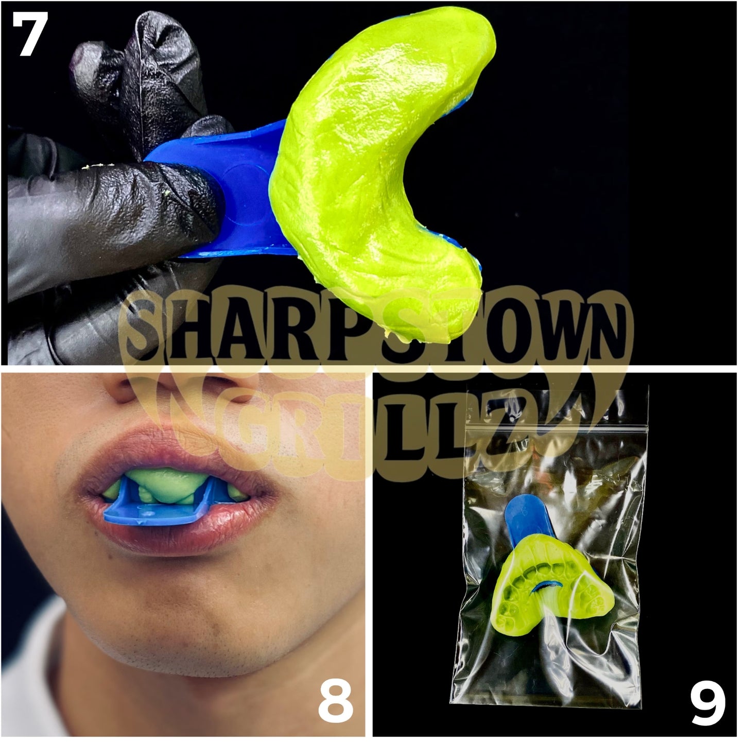 A collage showing a mouthguard product: a bright neon yellow-green curved mouthguard and a blue insert, with one panel showing a gloved hand holding the pieces, another showing a person wearing the mouthguard in their mouth, and a third showing the product sealed in a clear plastic bag. The image has large overlaid text reading 'SHARPSTOWN' and numbered panels 7, 8, and 9.