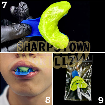 A collage showing a mouthguard product: a bright neon yellow-green curved mouthguard and a blue insert, with one panel showing a gloved hand holding the pieces, another showing a person wearing the mouthguard in their mouth, and a third showing the product sealed in a clear plastic bag. The image has large overlaid text reading 'SHARPSTOWN' and numbered panels 7, 8, and 9.
