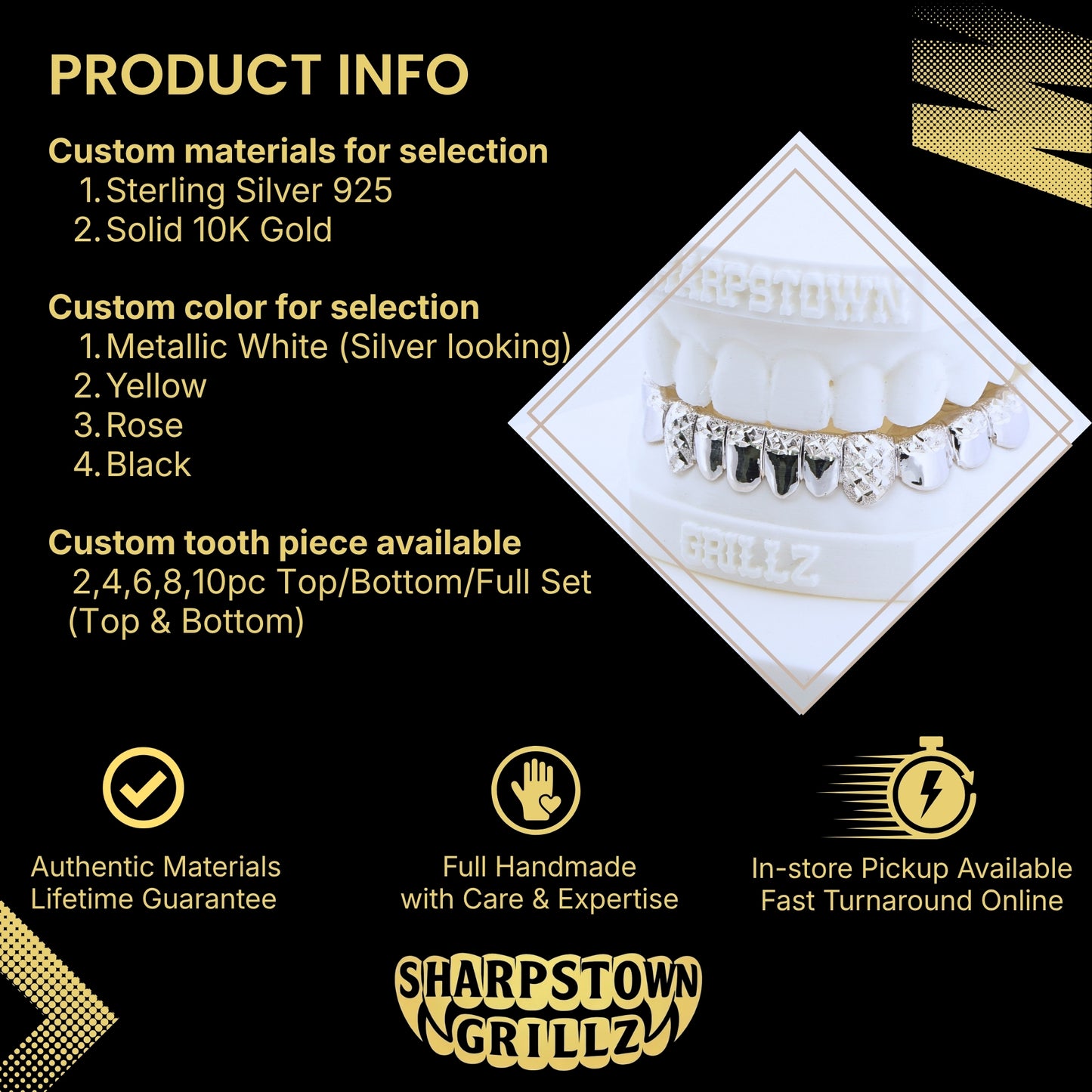 Custom-made bottom teeth grillz with black enamel and diamond dust cuts available in Silver 925 and 10K Gold.