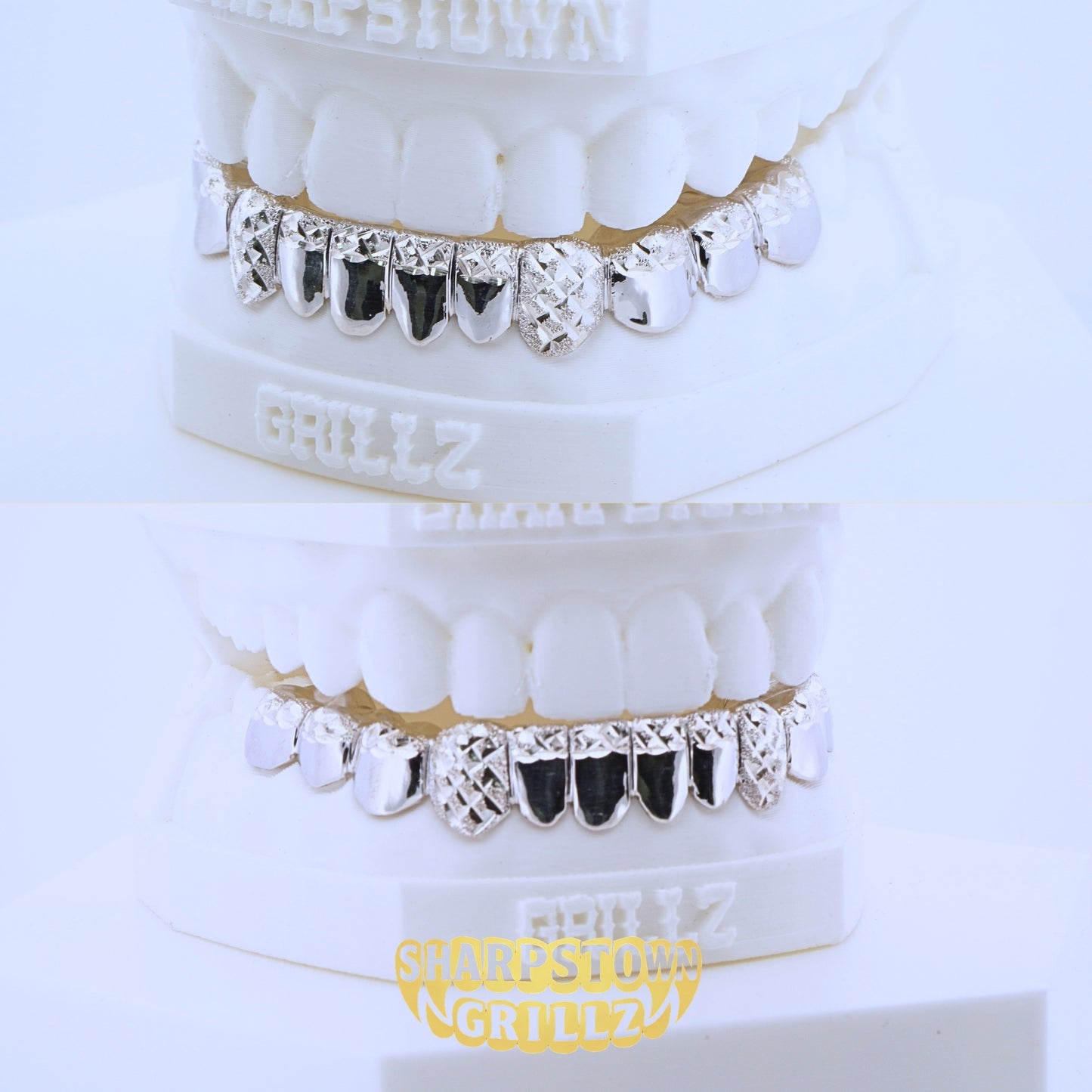 Custom Silver 925 bottom grillz with diamond dust texture and black enamel center fills on white dental cast.