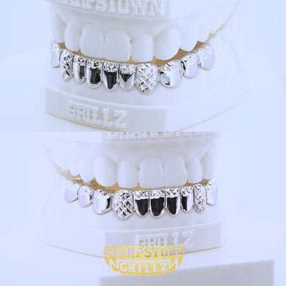 Custom Silver 925 bottom grillz with diamond dust texture and black enamel center fills on white dental cast.