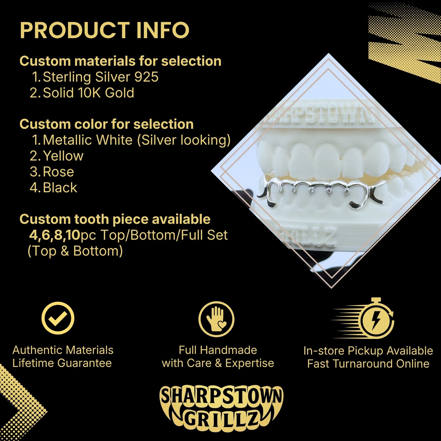 Custom-made upper diamond cut diamond dust teeth grillz available in Silver 925 and 10K Gold.