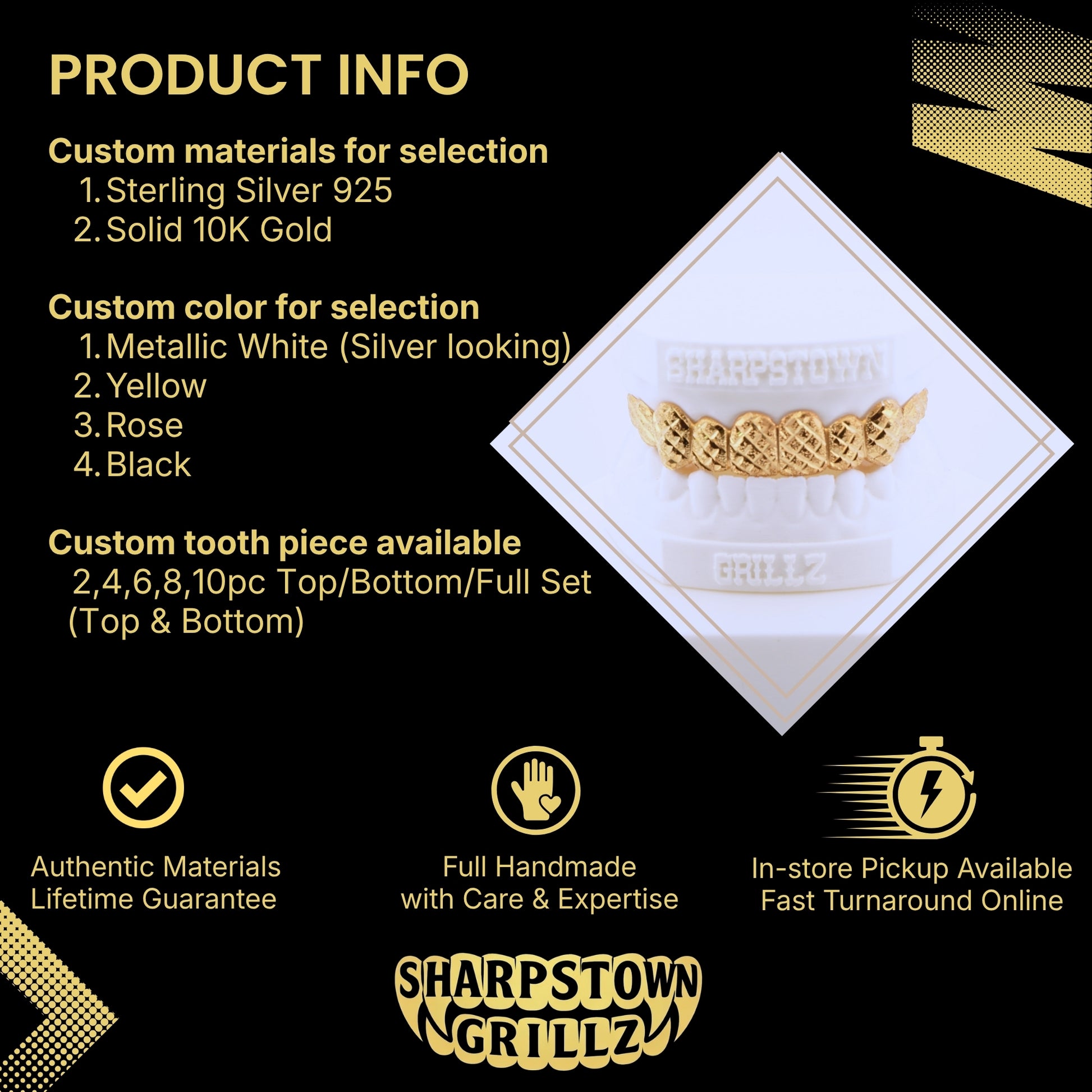 Gold diamond dust cut upper arch grillz set with crosshatch diamond faceting on white Sharptown Grillz cast.