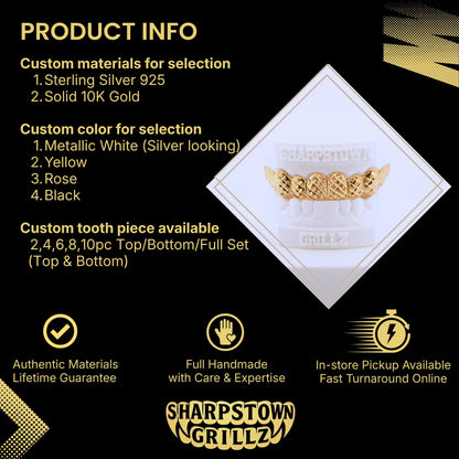 Gold diamond dust cut upper arch grillz set with crosshatch diamond faceting on white Sharptown Grillz cast.