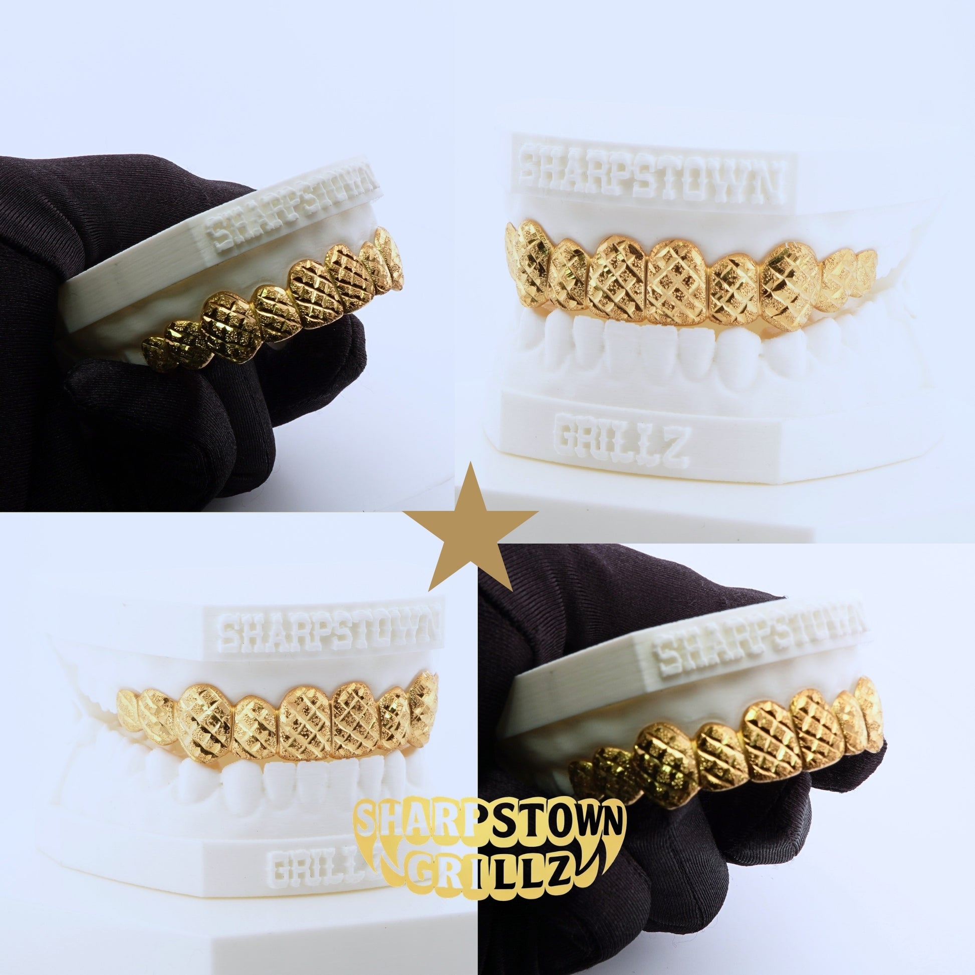 Yellow gold diamond cut grillz for top teeth featuring textured diamond dust crosshatch facets.