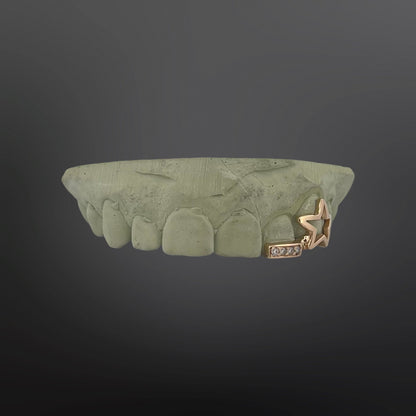 Star Shaped Tooth And Iced Out Bar Tip Cover Two Teeth Top Set Natural Gold