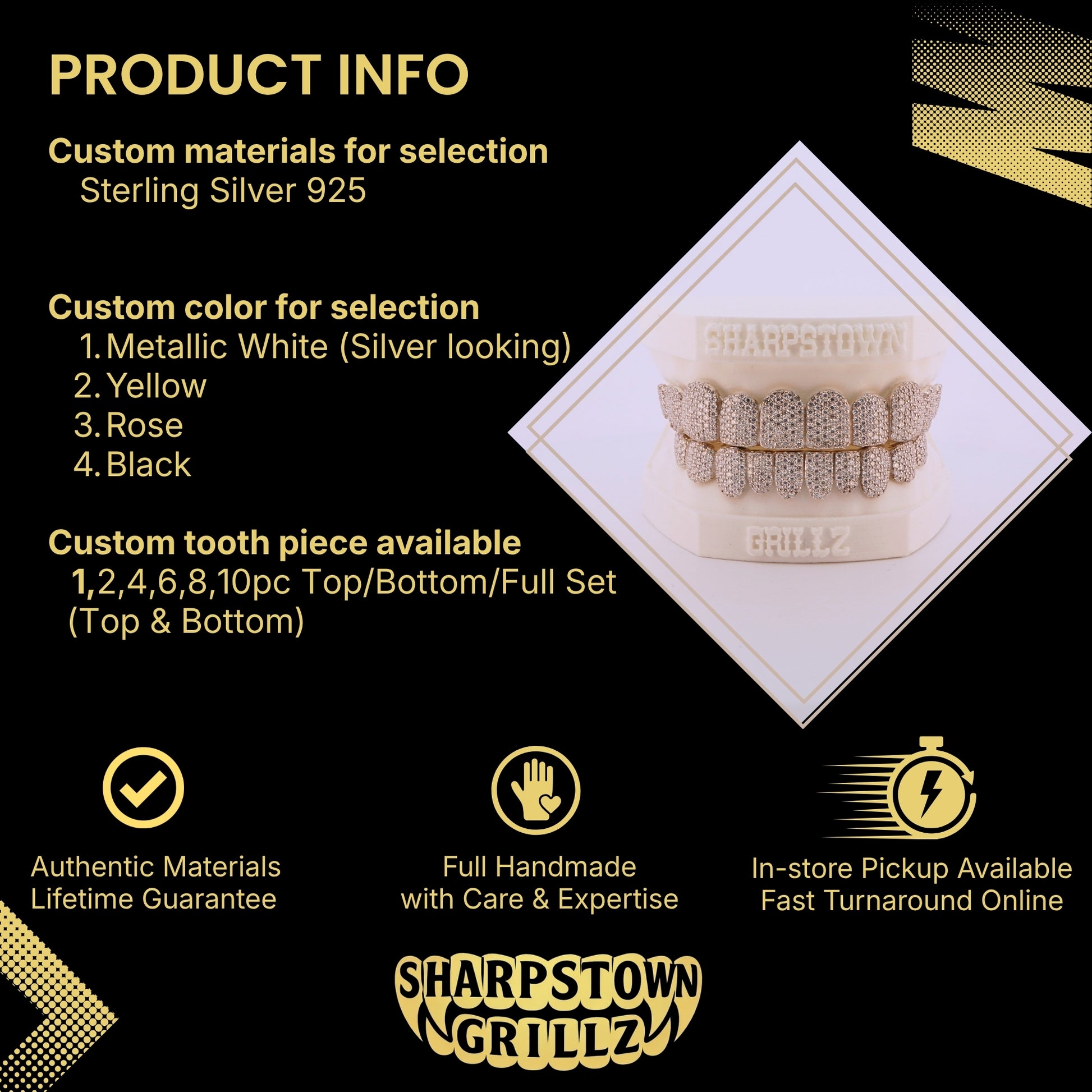 Front view of custom fully paved diamond grillz covering top and bottom teeth.