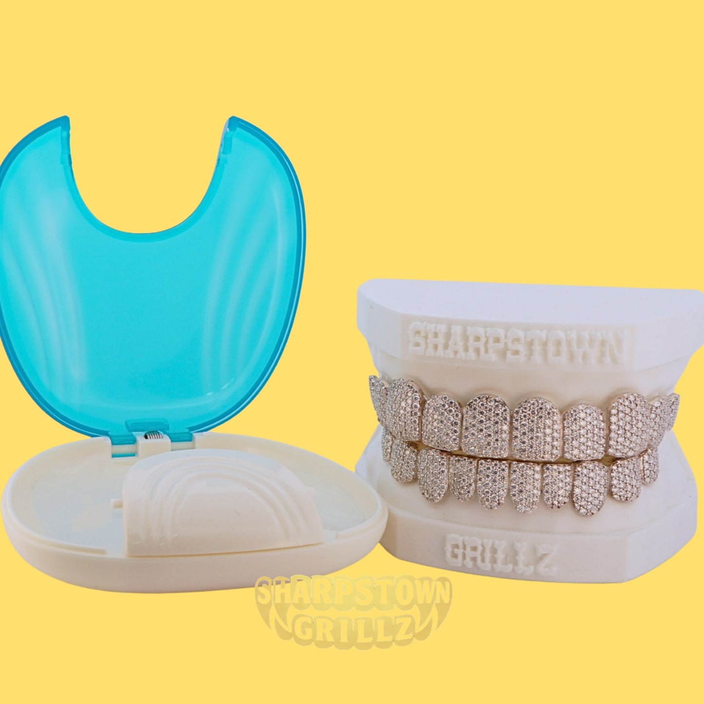 Fully stone-studded custom grillz set available in Silver 925 and 10K Gold options.
