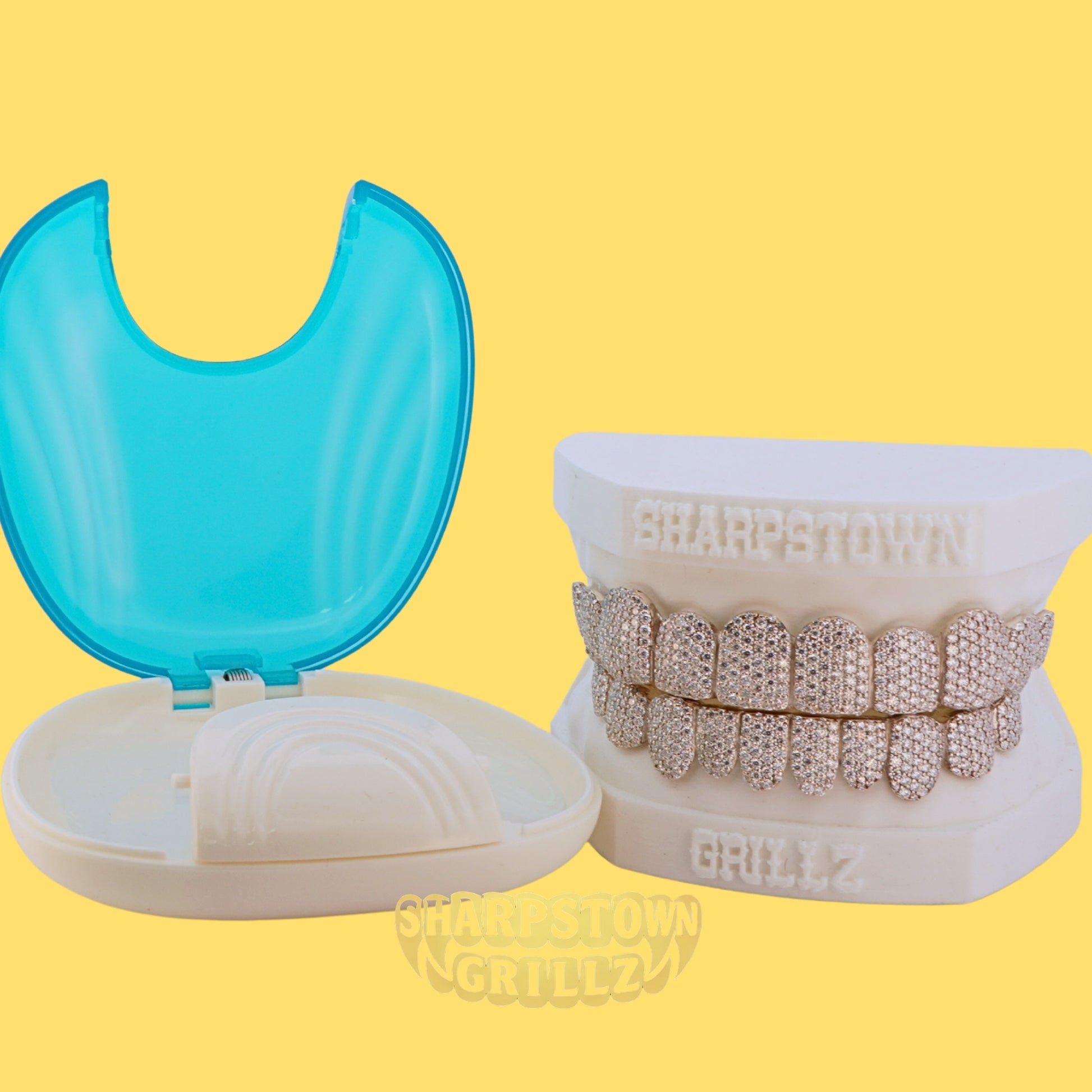Fully stone-studded custom grillz set available in Silver 925 and 10K Gold options.