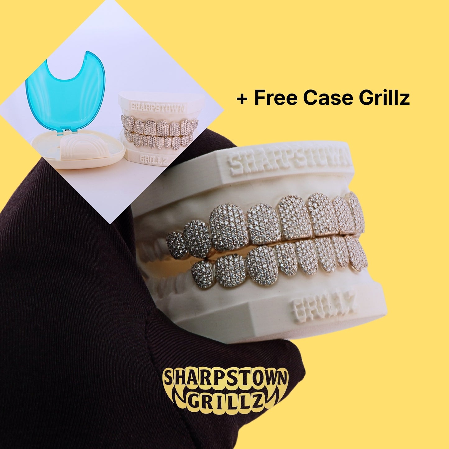 Custom 10K Gold iced diamond grillz full set fitted on upper and lower teeth cast.