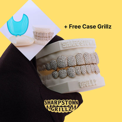 Custom 10K Gold iced diamond grillz full set fitted on upper and lower teeth cast.
