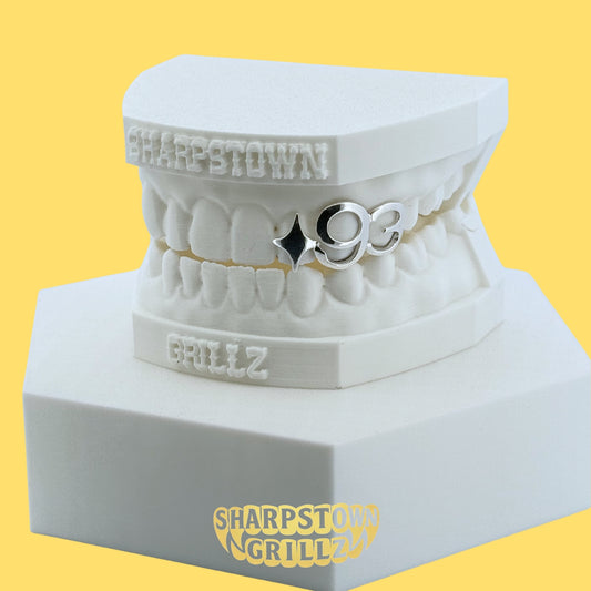 Silver 925 open face bar grillz with custom numbers 2, 0, 0, 3 and colored enamel stone