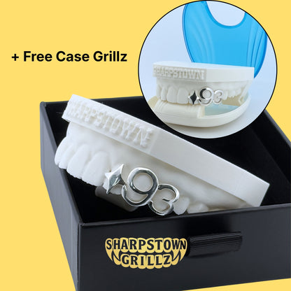 Custom-made year 2003 open face grillz available in premium Silver 925 and 10K Gold options.