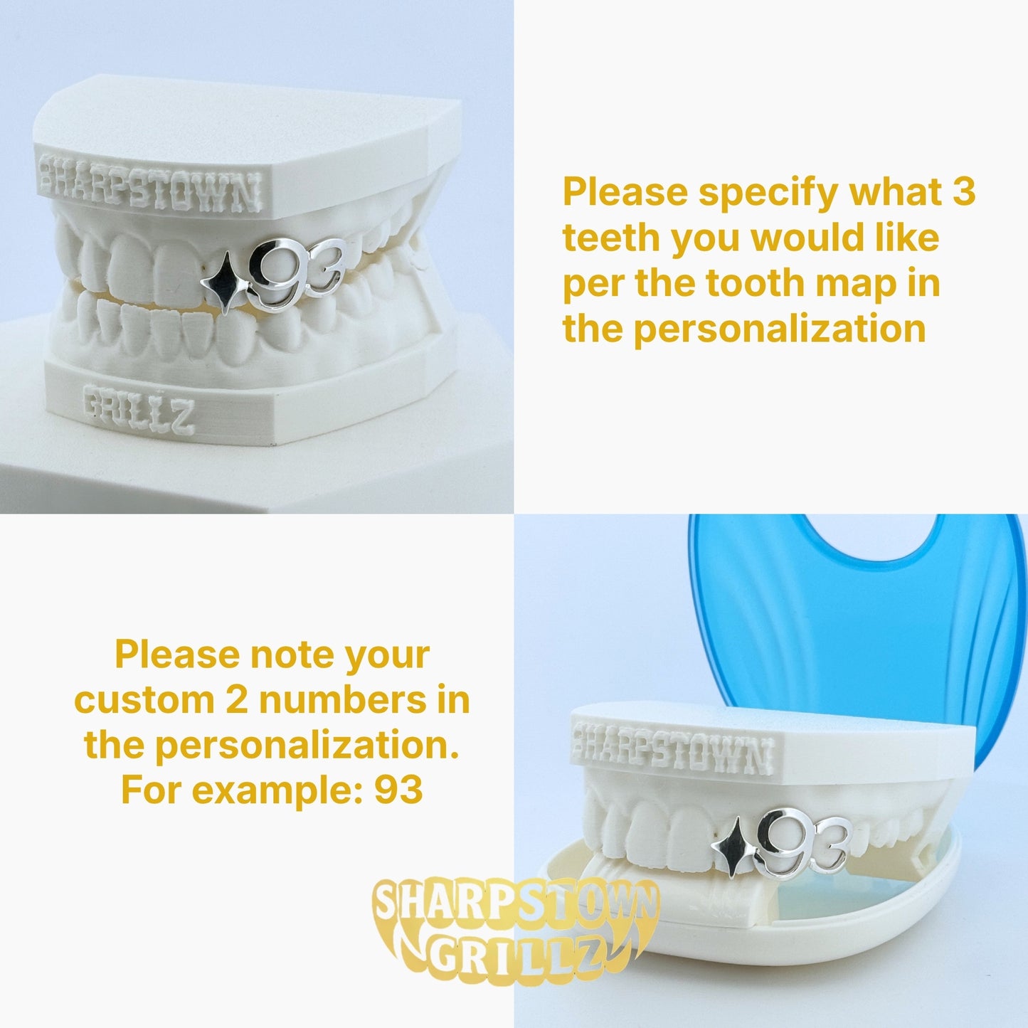 Custom 2003 date open face teeth grillz featuring red and yellow oval enamel inlay fills.