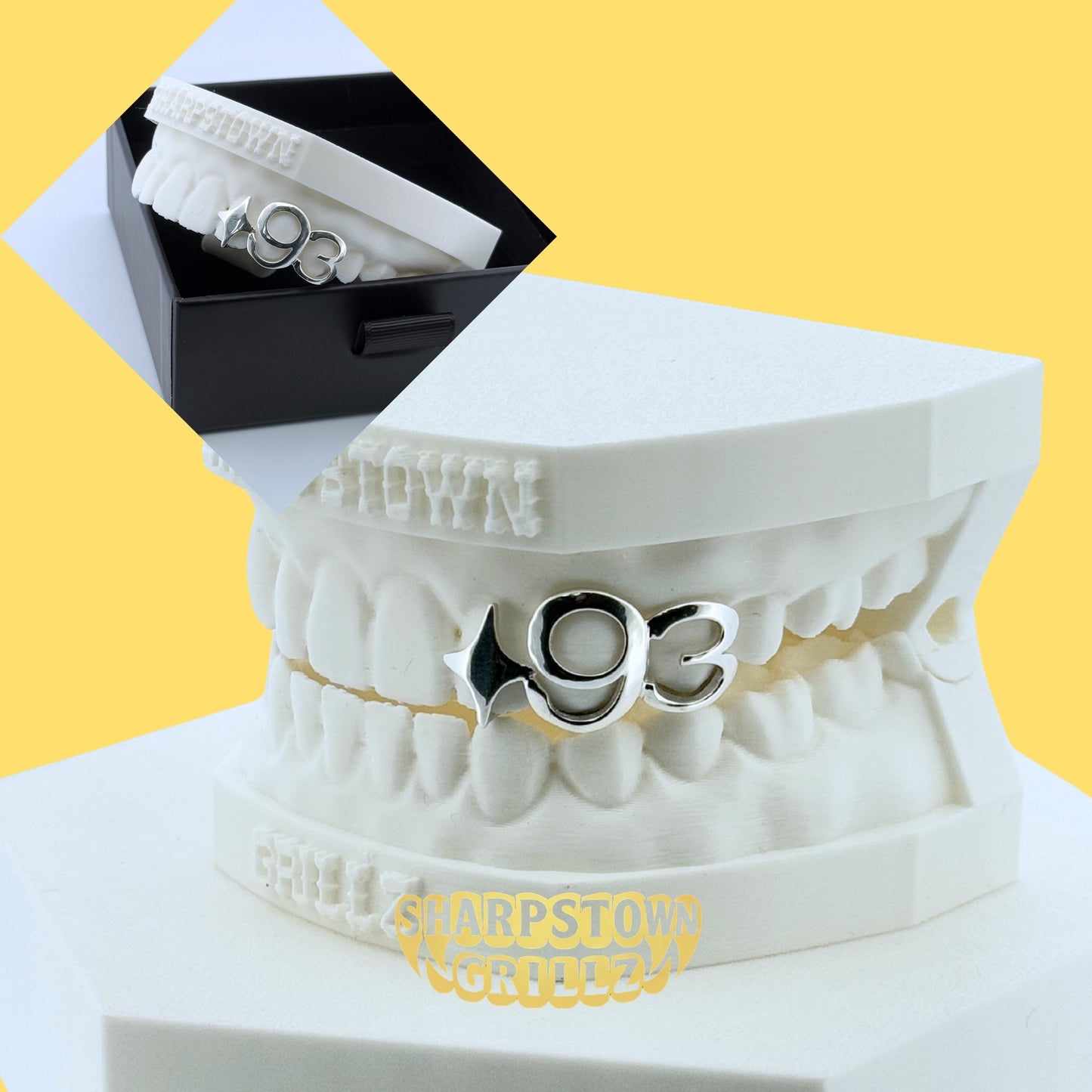 Custom 2003 date open face teeth grillz featuring red and yellow oval enamel inlay fills.