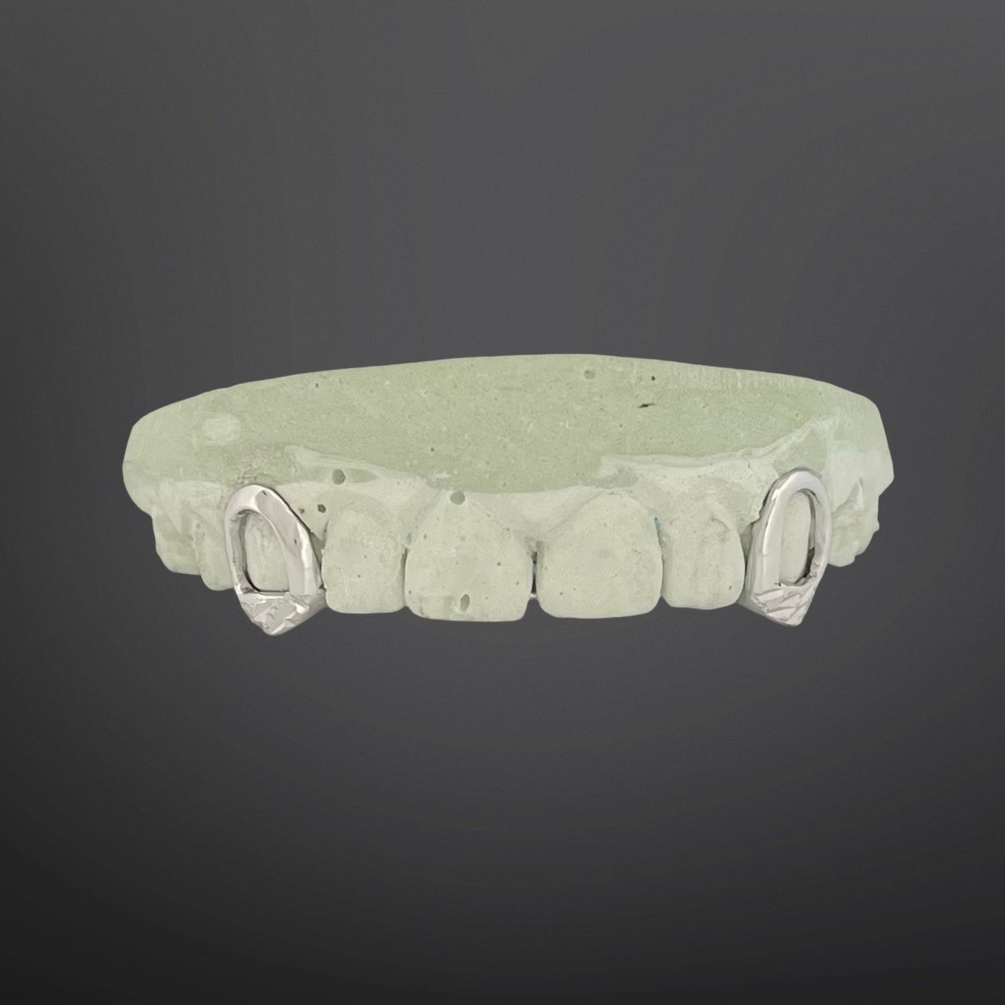 Light green grill with silver metal rings on a dark gray background