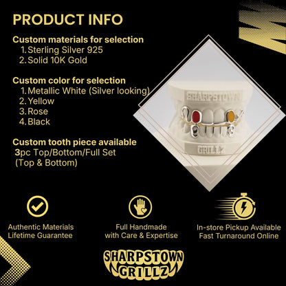 Silver 925 open face bar grillz with custom numbers 2, 0, 0, 3 and colored enamel stone details.