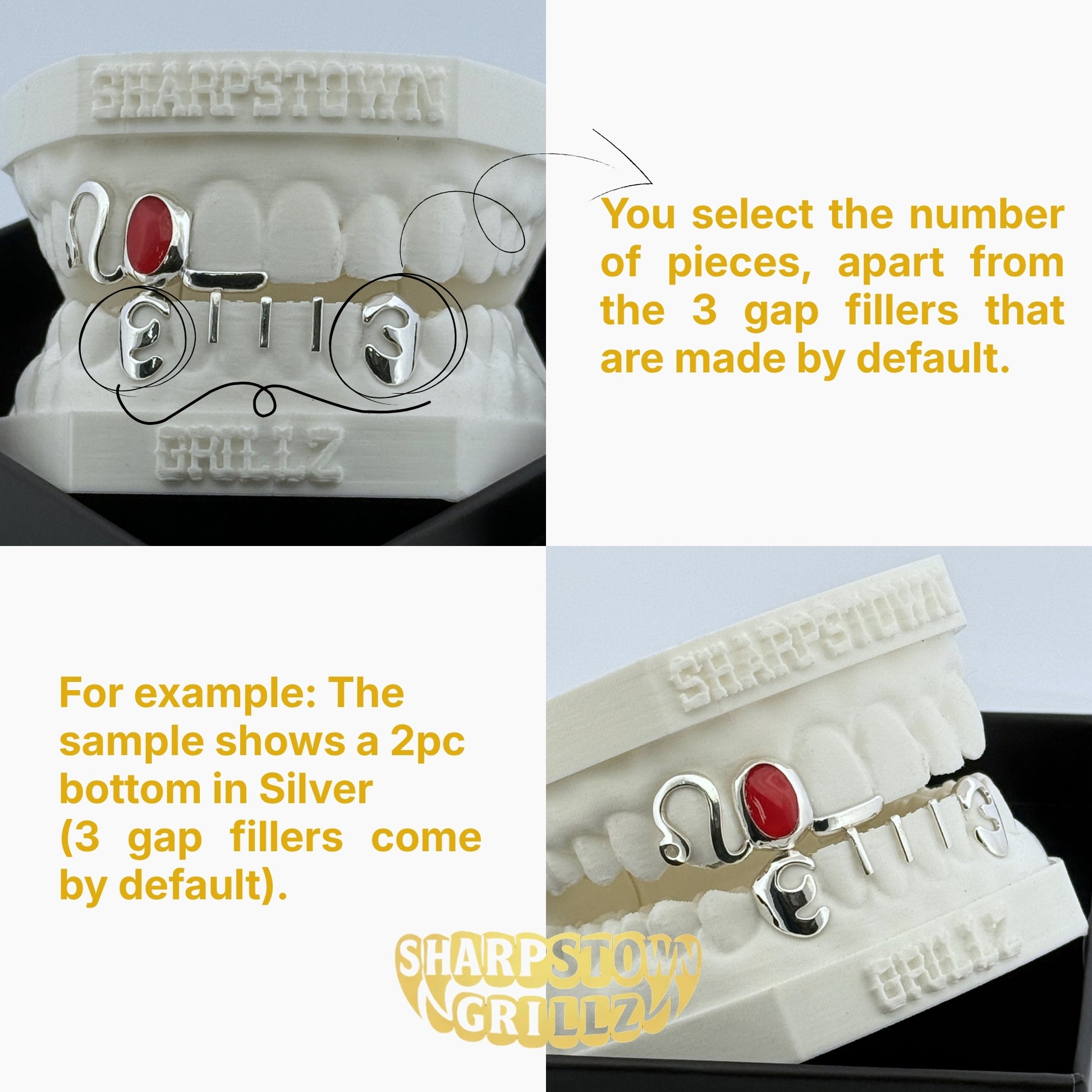 Front view of custom silver open frame year and initial teeth caps on a yellow background.