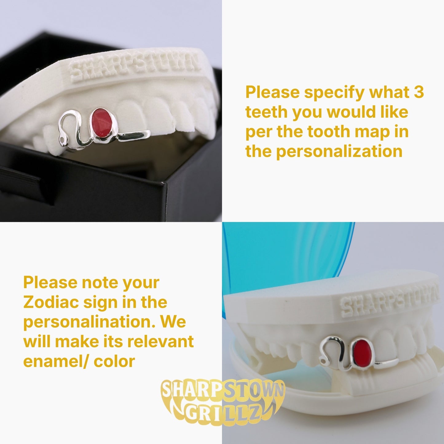 Personalized custom number and initial open frame grillz set fitted on upper and lower teeth mold.
