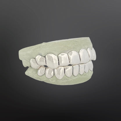 Custom solid 925 sterling silver grillz top and bottom full mouth set on dental mold