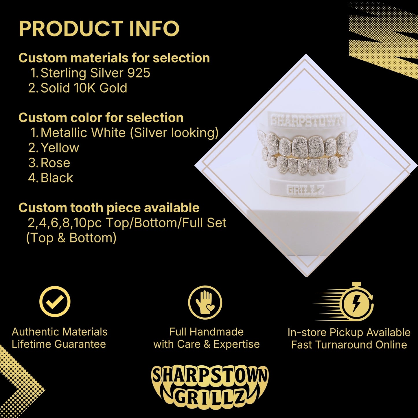 Custom 10K Gold or Silver 925 diamond dust finish top and bottom teeth grillz.