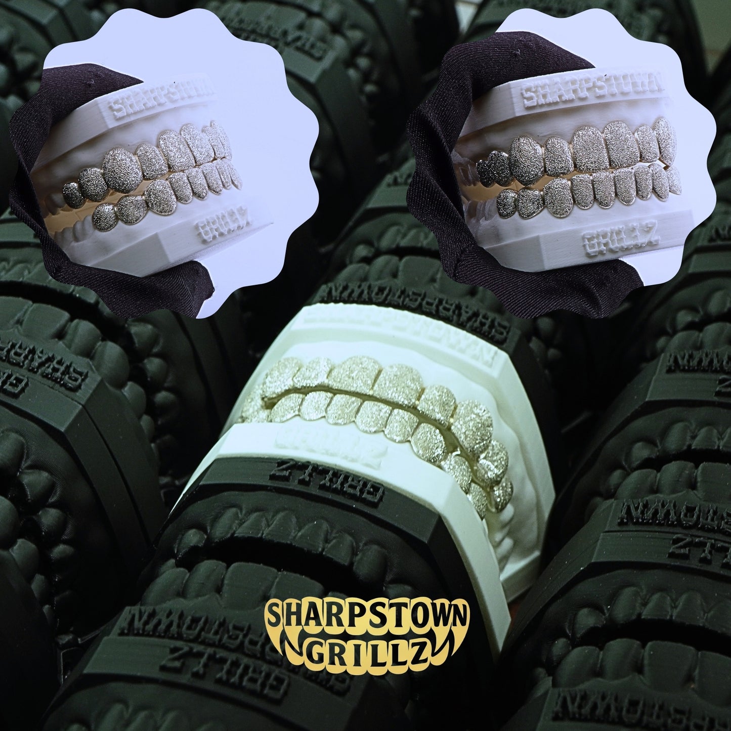 Custom Silver 925 full set diamond dust textured grillz on a white dental cast model.