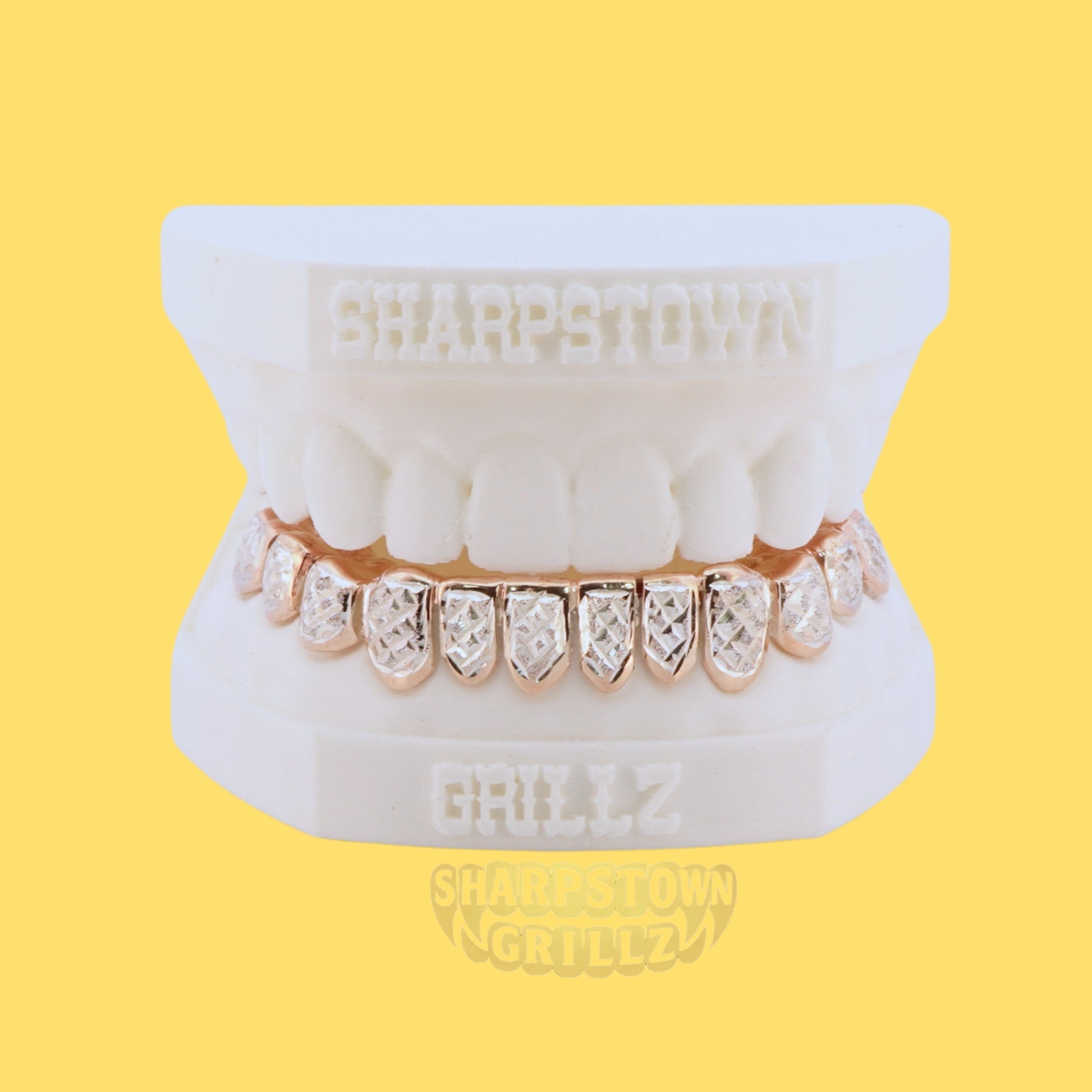 Fully stone-studded custom grillz set available in Silver 925 and 10K Gold options.
