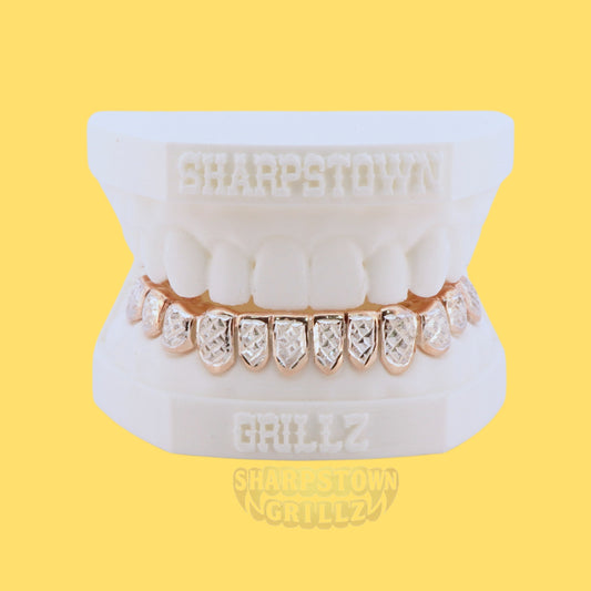 Fully stone-studded custom grillz set available in Silver 925 and 10K Gold options.
