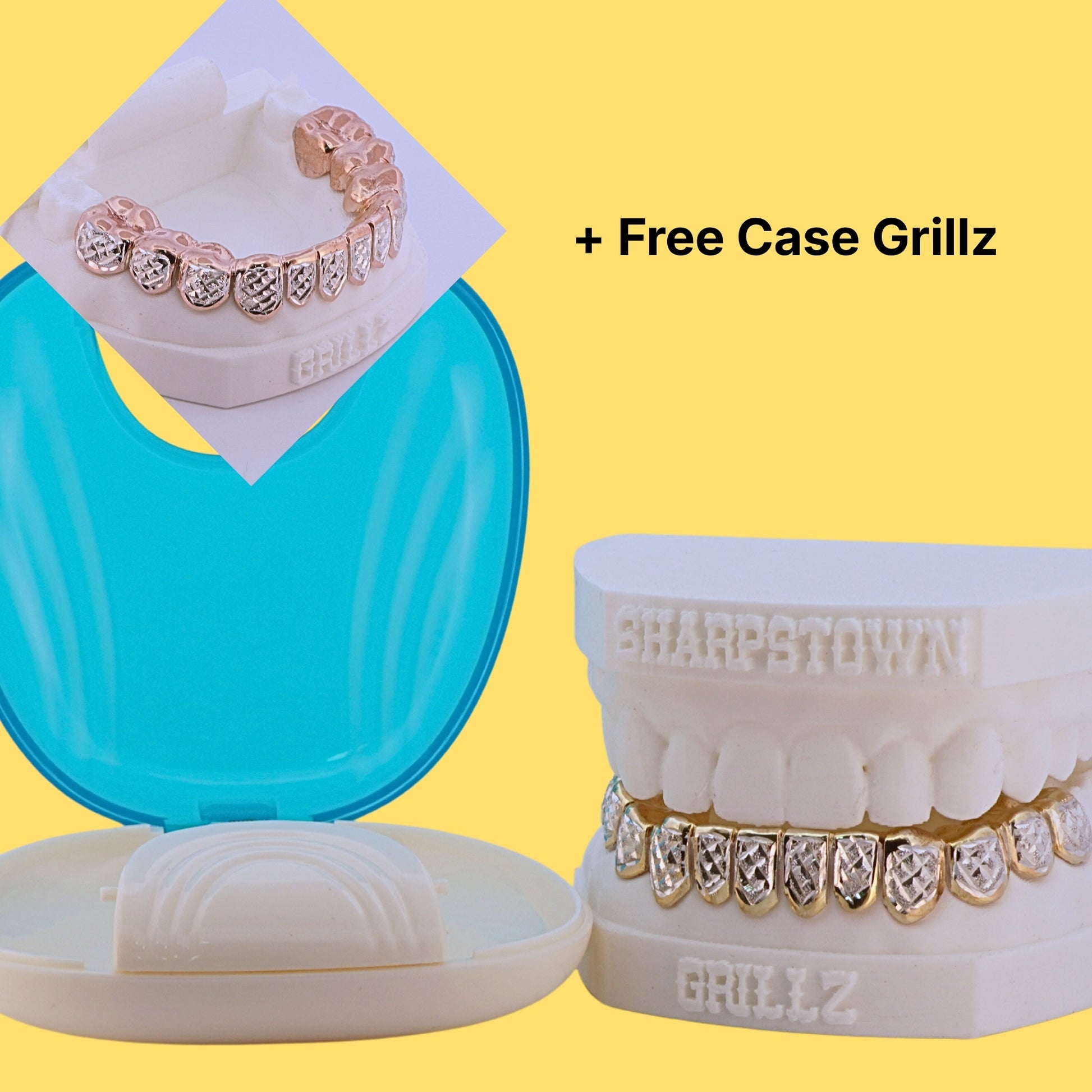 Custom top and bottom full set iced-out diamond grillz on a white dental cast with yellow background.