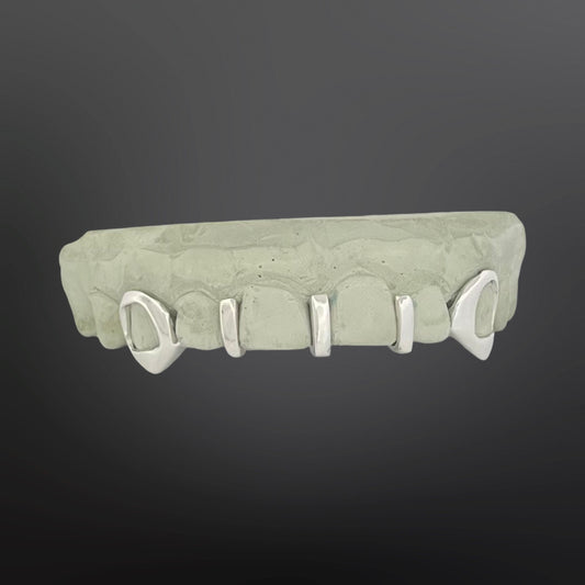 Open Face Fangs And Three Plain Gap Fill Spacers Six Teeth Top Set Silver