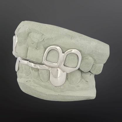 Open Face With Back Bar Four Teeth Top And Solid Fangs With Tip Cover Bar Six Teeth Bottom Full Set Silver