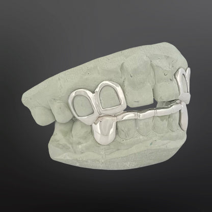 Open Face With Back Bar Four Teeth Top And Solid Fangs With Tip Cover Bar Six Teeth Bottom Full Set Silver