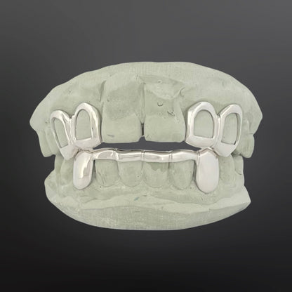 Open Face With Back Bar Four Teeth Top And Solid Fangs With Tip Cover Bar Six Teeth Bottom Full Set Silver