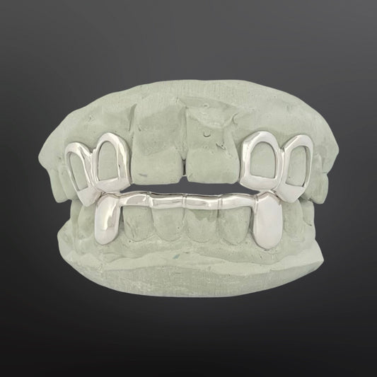 Open Face With Back Bar Four Teeth Top And Solid Fangs With Tip Cover Bar Six Teeth Bottom Full Set Silver