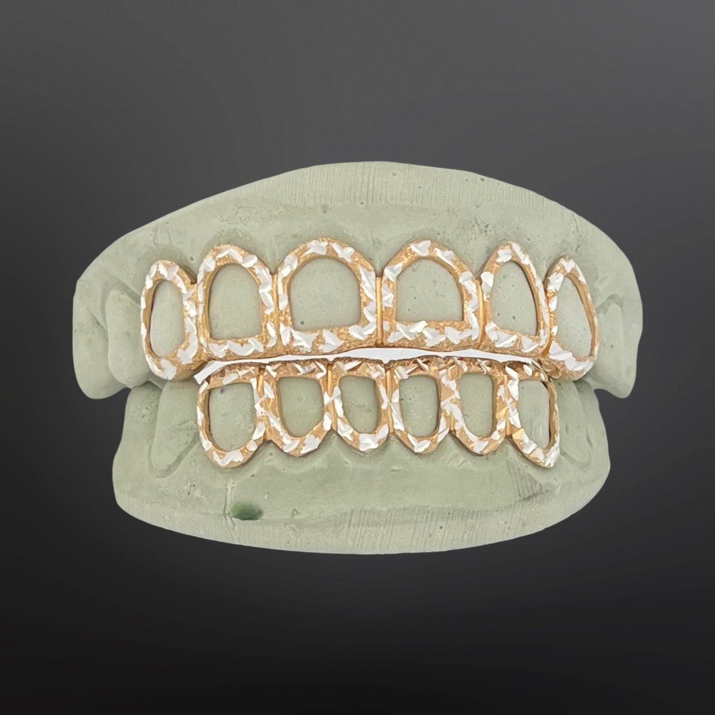 Two Tone Yellow Open Face With White Diamond Cuts Six Top Six Bottom Full Set Silver