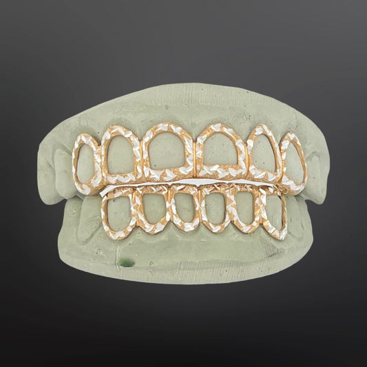 Two Tone Yellow Open Face With White Diamond Cuts Six Top Six Bottom Full Set Silver