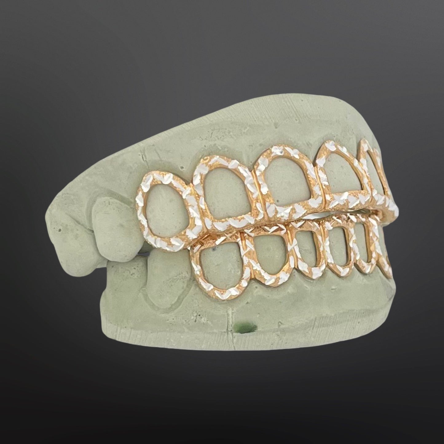 Two Tone Yellow Open Face With White Diamond Cuts Six Top Six Bottom Full Set Silver