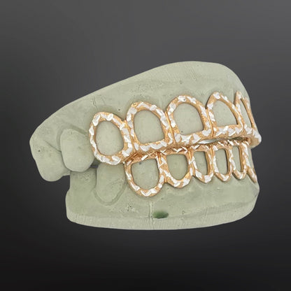 Two Tone Yellow Open Face With White Diamond Cuts Six Top Six Bottom Full Set Silver