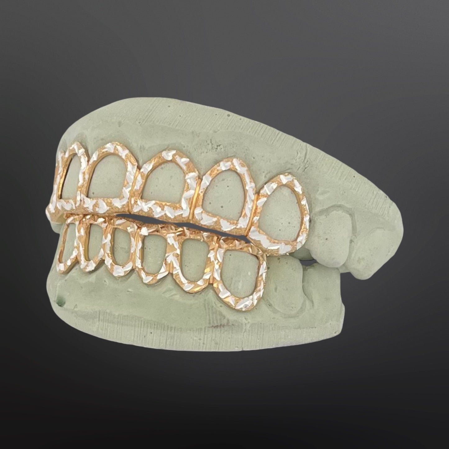 Two Tone Yellow Open Face With White Diamond Cuts Six Top Six Bottom Full Set Silver