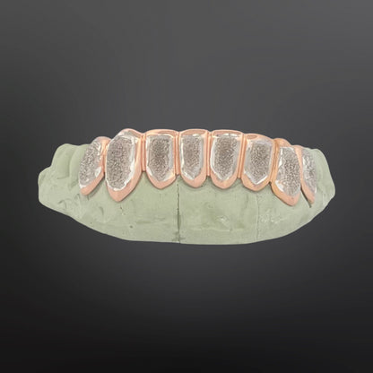 Two Tone Solid Rose Frames And White Diamond Dust Center Eight Teeth Bottom Set Silver