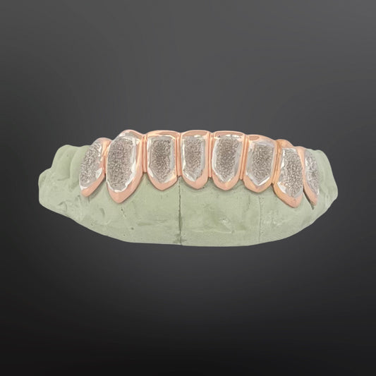 Two Tone Solid Rose Frames And White Diamond Dust Center Eight Teeth Bottom Set Silver