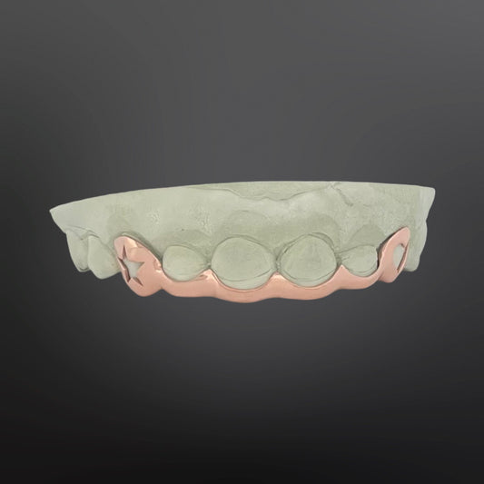 Open Star And Open Face Heart On Fangs And Curved Tip Cover Bar Six Teeth Top Silver Rose